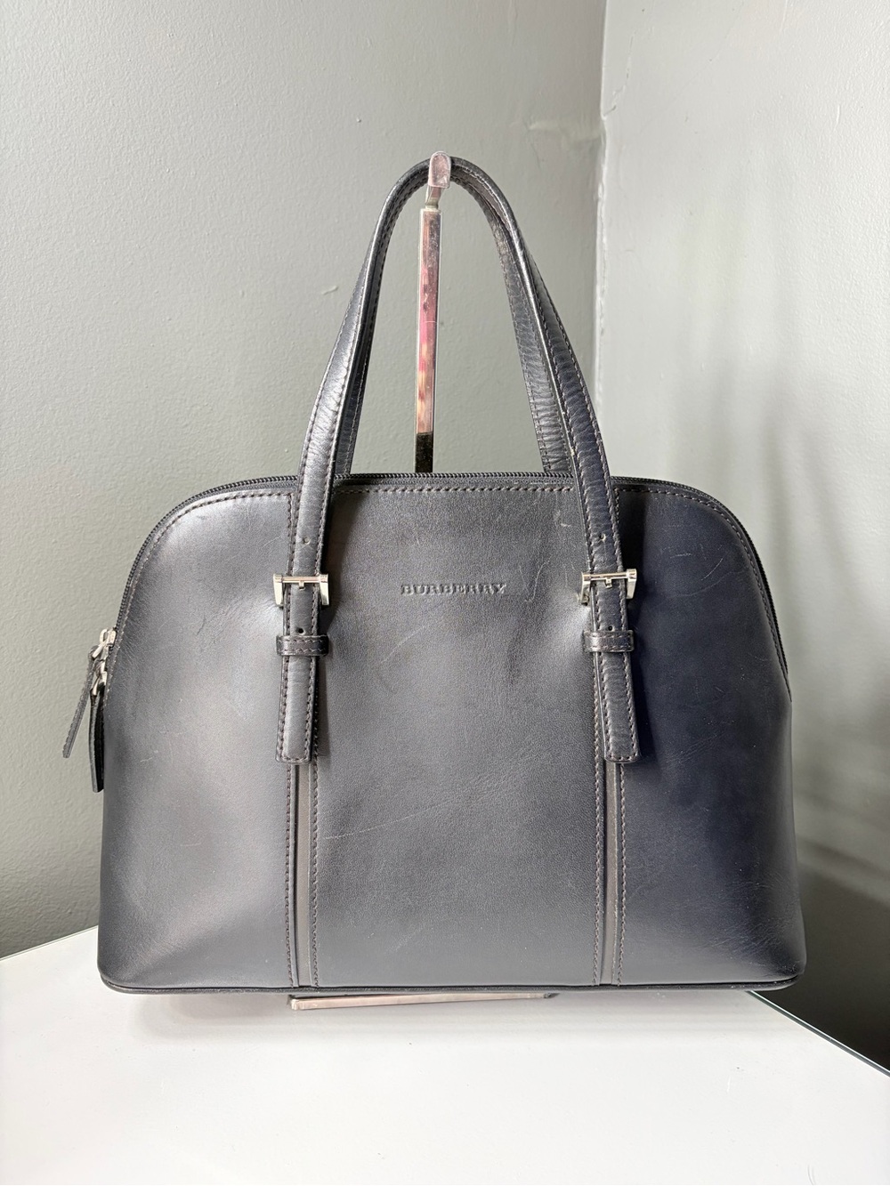 Vintage Burberry Black Leather Dome Satchel Top Handle Bag w Nova Check Interior